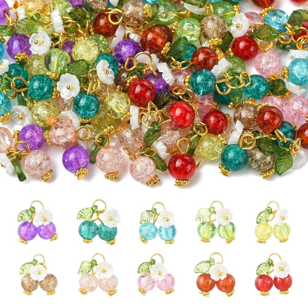 5246 50 Pcs 10 Styles Cherry Charms with Pearl White Flower Beads Mixed